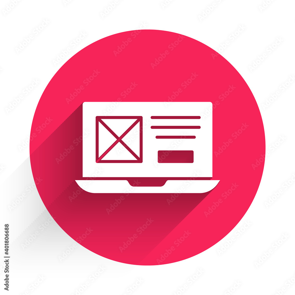 Poster White UI or UX design icon isolated with long shadow. Red circle button. Vector.
