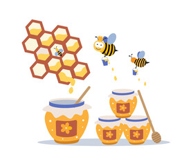 Wasp, bee cartoon character, sunflower, flat vector style. Spring, summer season. Banner, label, background. Vector illustration, isolated objects.