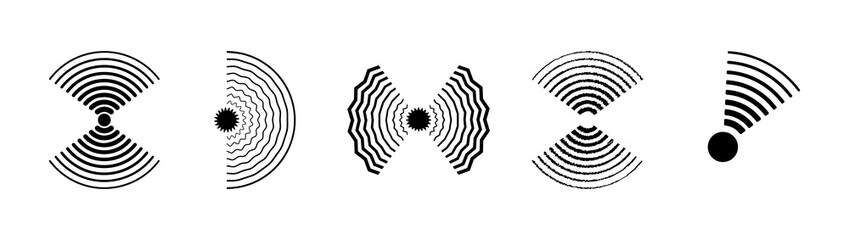 Set of radar icons. Sonar sound waves. Modern flat style vector illustration. Radio station signal. Central minimal radial ripple line outline abstraction.