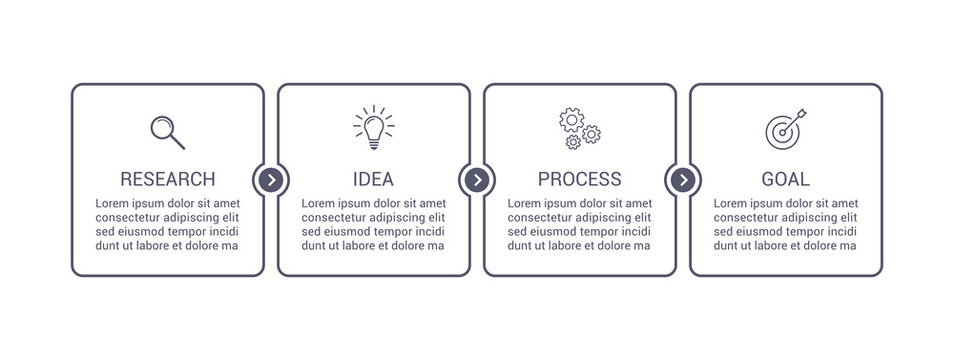 Thin line infographic design with 4 steps or options. Thin line business process concept in grey tone. 