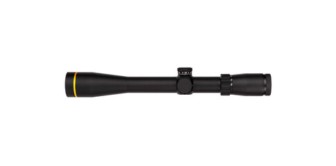 Modern sniper scope on a white back. Optical device for aiming and shooting at long distances.