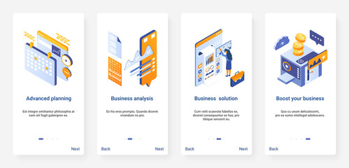 Isometric business data analysis process vector illustration. UX, UI onboarding mobile app page screen set with cartoon 3d digital planning technology, processing, analyzing financial database report