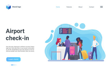 Airport check-in airport terminal landing page, cartoon passenger tourist people with personnel baggage suitcase standing in line to counter desk, waiting queue for plane departure vector illustration
