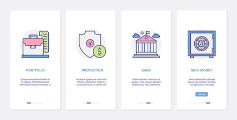 Bank safety, finance money protection vector illustration. UX, UI onboarding mobile app page screen set with line safe deposit box to protect deposits savings investment, financial banking services