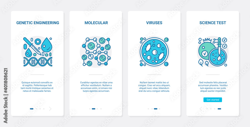 Poster microbiology, genetic engineering vector illustration. ux, ui onboarding mobile app page screen scie