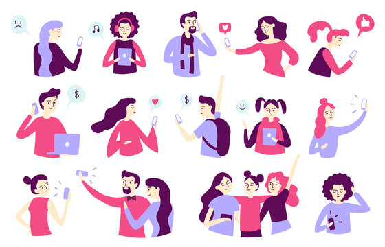 Man and woman characters using smartphone. Gadget addiction concept. Young people chatting, listening to music, talking on mobile phone, taking selfie photo and using social media sites vector set