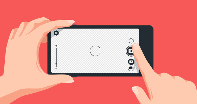 Taking photo with smartphone. Finger touching mobile phone screen to make picture. Pressing camera button, transparent background for photo. Person holding device vector illustration