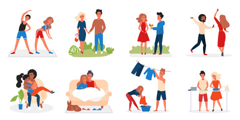Fototapeta na wymiar Couple people spend time together vector illustration. Cartoon man woman lover characters hugging walking dancing dating cooking food and doing sport exercise, love and relationships isolated on white