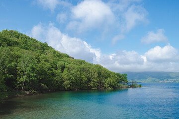 Dark blue on the water of Lake Toya , Japan