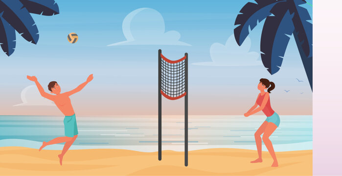 Couple People Play Beach Volleyball Vector Illustration. Cartoon Young Active Sportive Man Woman Characters Throw Inflatable Ball, Playing Sport Game In Tropical Summer Beachside Landscape Background