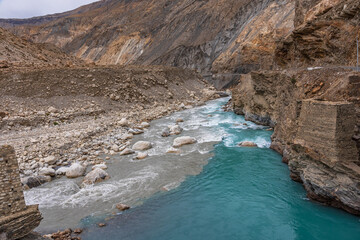 Confluence of Spiti and Parchu river at Sumdo near Kaza town of Lahaul Spiti, India. Parchu river...
