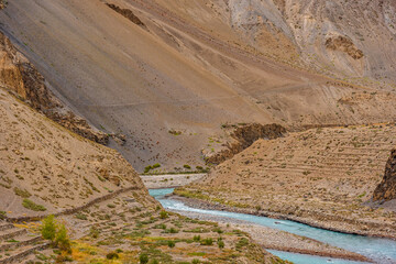 Beautiful landscape of Spiti river valley in Lahaul and Spiti region of Himalayas in Himachal...