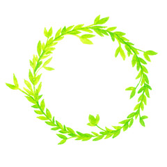 Incredibly beautiful little wreath and petals of the plant. Colors: green. Watercolor technique.