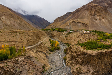Beautiful landscape of Spiti river valley in Lahaul Spiti region of Himalayas in Himachal Pradesh,...