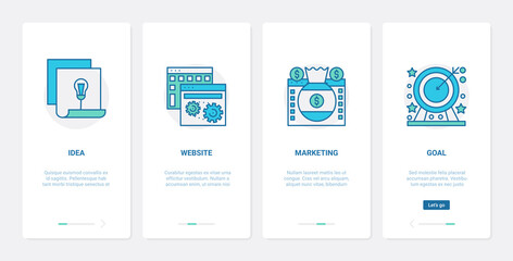 Digital marketing, viral idea in social media vector illustration. UX, UI onboarding mobile app page screen set with line target goal achievement symbol, website development and market optimization