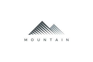 Abstract Mountain Logo. Grey Shape Mountains Silhouette with Geometric Striped Lines Style Combination isolated on White Background. Flat Vector Logo Design Template Element.