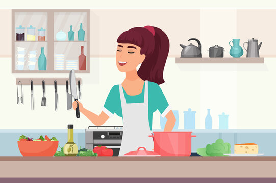 Girl cooking food vector illustration. Cartoon young woman chef character in apron holding knife to cook dinner, standing in home kitchen room interior with kitchenware, vegetables on table background