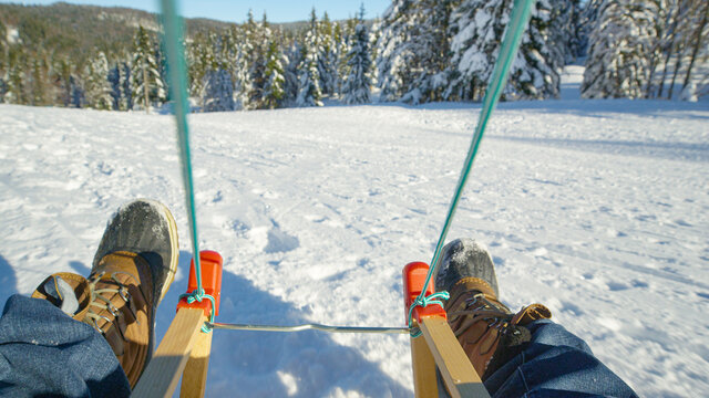 POV: Sledding Down A Snowy Meadow In The Sunny Mountains Of Kranjska Gora.