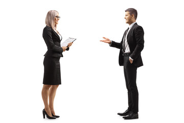 Professional man and woman having a conversation