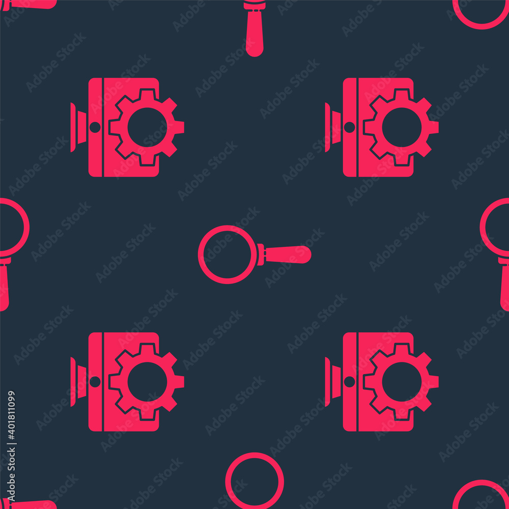 Poster set computer monitor and gear and magnifying glass on seamless pattern. vector.