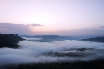 Sunset over the mountains, Fog over the mountains, Mangup Kale, Cave towns of Crimea, Crimea, , Black Sea