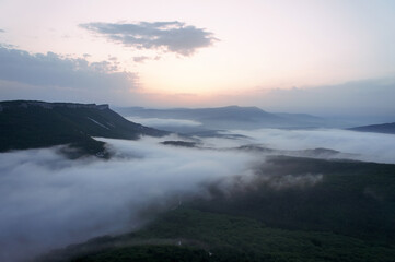 Sunset over the mountains, Fog over the mountains, Mangup Kale, Cave towns of Crimea, Crimea, , Black Sea