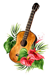 Wooden guitar music string instrument and tropical flowers. Beach party  concept. Hand drawn watercolor illustration isolated on white background