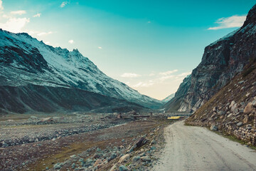 Beautiful view of alpine landscape near Chatru enroute off road connecting Manali with Chandratal Lake in Lahaul Spiti region of Himalayas in Himachal Pradesh, India.
