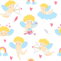 Vector seamless pattern with cute cupids. Repeating background with funny Valentine’s day characters. Digital paper with love concept. Playful texture with cherubs