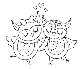 Vector cute black and white owls pair. Loving couple illustration. Love relationship or family concept. Romantic birds isolated on white background. Funny Valentine’s day line characters..