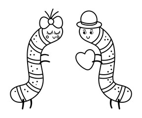 Vector cute black and white caterpillars pair. Loving couple illustration. Love relationship or family concept. Romantic insects isolated on white background. Funny Valentine’s day line characters..