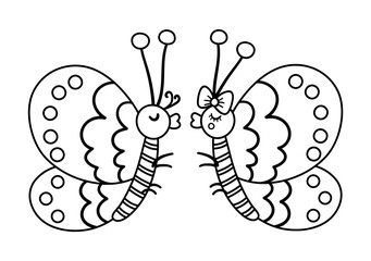 Vector cute black and white butterflies pair. Loving couple illustration. Love relationship or family concept. Romantic insects isolated on white background. Funny Valentine’s day line characters..