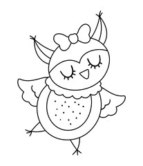 Obraz na płótnie Canvas Vector cute black and white owl girl. Dancing woodland bird illustration. Romantic forest animal isolated on white background. Funny Valentine’s day line character icon or coloring page..