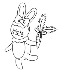 Vector cute black and white rabbit girl with carrot. Dancing woodland animal illustration. Romantic bunny isolated on white background. Funny Easter line character icon or coloring page..