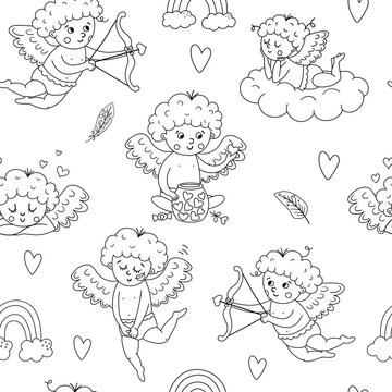 Vector black and white seamless pattern with cute cupids. Repeating background with funny Valentine’s day characters. Digital paper with love concept. Playful line texture with cherubs..