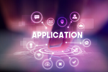 Finger touching tablet with web technology icons and APPLICATION inscription, web technology concept