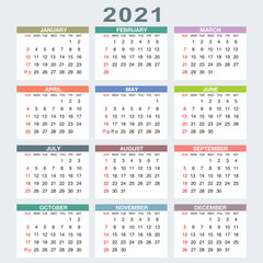 Calendar for 2021 isolated on a white background. Sunday to Monday, business template. Vector illustration