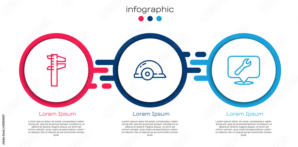 Poster Set line Calliper or caliper and scale, Worker safety helmet and Location with wrench spanner. Business infographic template. Vector.