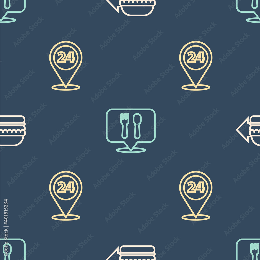 Poster set line online ordering burger delivery, round the clock and cafe and restaurant location on seamle