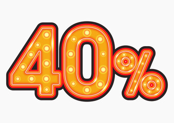 Fototapeta na wymiar Neon sign in retro style. Discount 40%. Neon number with percentage.