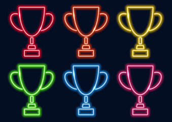 Winner cup in neon style. Neon sign. Glowing line of different colors. Sports attribute.