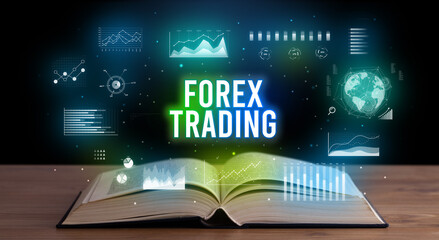 FOREX TRADING inscription coming out from an open book, creative business concept - obrazy, fototapety, plakaty