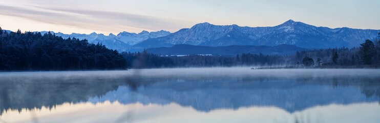 Pano on a lake to the Alps with Mountain Zugspitze