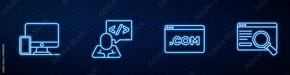 Poster set line ui or ux design, monitor and mobile, front end development and . glowing neon icon on brick