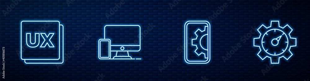 Poster set line web development, ui or ux design, monitor and mobile and website statistic. glowing neon ic