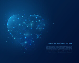 Abstract polygonal wireframe illustration of healthcare. Low poly heart on blue background. Vector illustration.