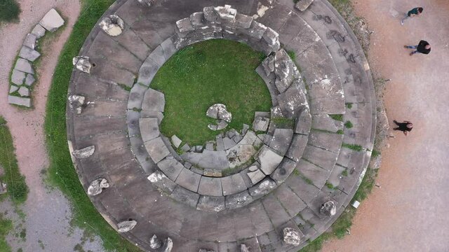 Drone video of iconic Temple of Athena Pronaia in archaeological site of Delphi, Voiotia, Greece