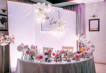 Colour photo of a wedding table for the newlyweds