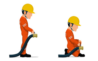 Set of industrial worker with big hose on white background