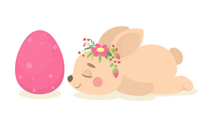 Cute Easter sleeping bunny next to an Easter egg. Vector illustration.